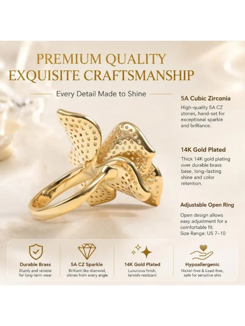 Adjustable Gold Flower Statement Ring with Cubic Zirconia - Chunky Floral